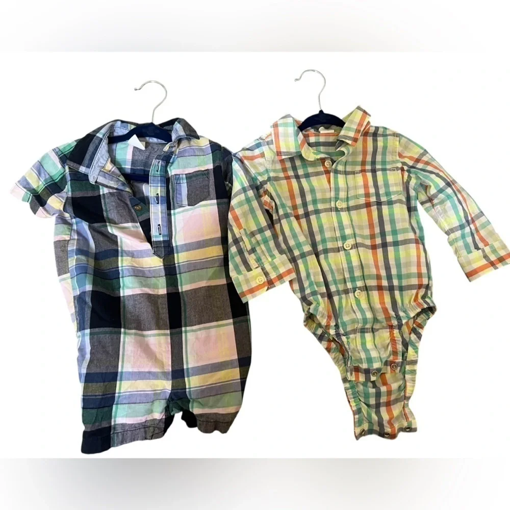 12mo Set of 3 short button t-shirts, romper, long sleeve onesie - plaid & sea